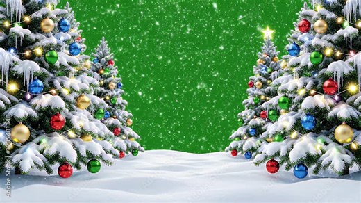 Snowy Christmas Trees on Green Screen Background with Falling Snow and Ornaments Icicles for Festive Holiday Season