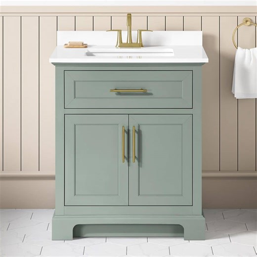 Reviews for Home Decorators Collection Doveton 30 in. Single Sink Freestanding Sage Green Bath Vanity with White Engineered Stone Top (Assembled) | Pg 5 - The Home Depot