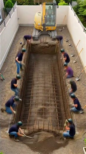 realistic construction timelapse of a simple rectangular backyard pool inside a private home