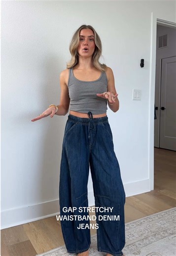 loving on my gap jeans and these are a stretchy waistband jean with a barrel leg horseshoe style leg 😊 very comfy and I love the denim fabric but stretchy waist! #gap #gapjeans #gapdenim #tiktokshopcreatorpicks #comfortablejeans @Gap