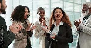Celebration, clapping and group in office, laughing and award for recognition in company, happy and grateful. Colleagues, prize and applause for achievement, success and people with joy and smile
