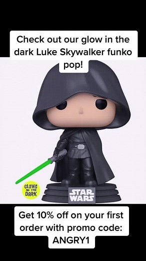 Check out our new glow in the dark Luke Skywalker. Get 10% off on your first order using the promo code: ANGRY1. Visit angryperl.com #angryperl #tiktok #starwars #darthvader #lukeskywalker #glowinthedark #funkopop