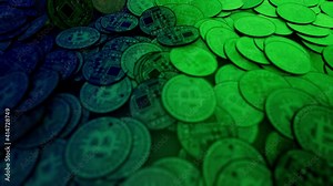 4K Video at 60Fps of 3D Render pile of Bitcoins on a table. Crypto currency blockhain. Video for background and commercial use.