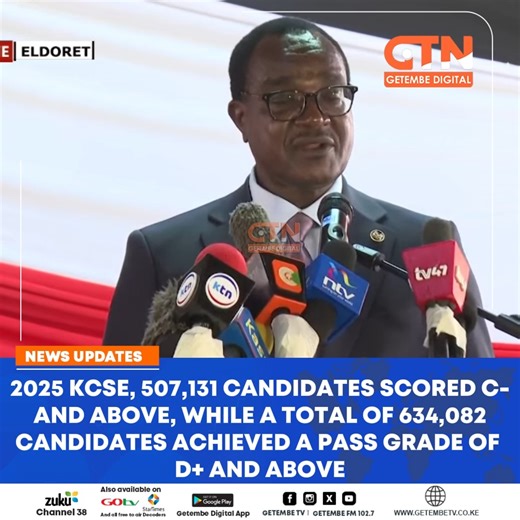 1.3K views · 44 reactions | 2025 KCSE, 507,131 candidates scored C- and above, while a total of 634,082 candidates achieved a pass grade of D+ and above. #KCSE2025 #KCSEResults #KenyaEducation | Getembe TV | Facebook