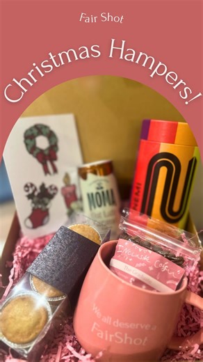 Fair Shot on Instagram: "✨ Introducing our Christmas Hampers 🎄 Danial and Mabel, two of our wonderful learners have busy unboxing the festive goodies inside! 🎄 Generously supported by: 🥧 Mince Pies from @paulrhodesbakery 🫖 Tea from @nemiteas ☕️ Oat Milk Latte from our friends at @momafoods 🫘 Our Graduate Blend from @curiousroocoffeeroasters 🎅 plus a special Christmas card from our learners 🩷and a Fair Shot mug Every hamper sold helps fund our programmes, meaning every purchase helps power