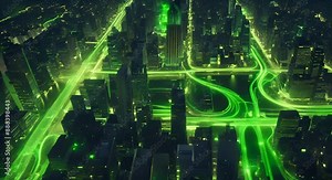 Smart grid with glowing green lines on dark showing renewable energy flow through a citys infrastructure Zero carbon technology 4k animation