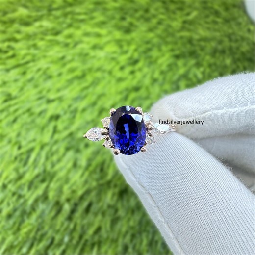 Blue Sapphire Ring, Oval Cut, Sterling Silver Zircon Cluster Ring - Etsy