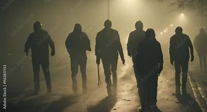A Group of Zombies Walking Slowly Through a Foggy Street at Night.
