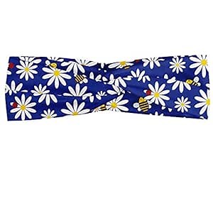 Ambesonne Ladybug Headband for Women, Bees Happy Season Bugs with Chamomiles Playroom Theme, Elastic Comfy Hair Accessory Knotted Head Wrap Everyday Use, XS-S, Navy Blue White Yellow