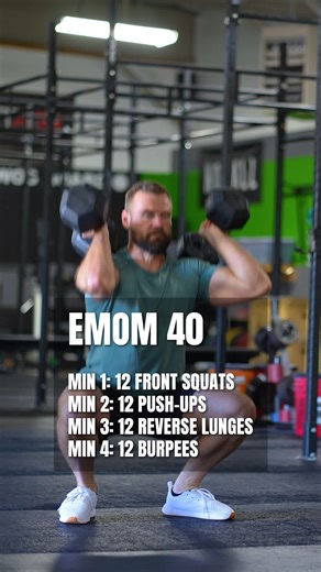 EMOM 40 Minutes 💥 Can you hang on until the end? Minute 1. 12 Front Squats Minute 2. 12 Push-Ups Minute 3. 12 Reverse Lunges (6/6) Minute 4. 12 Burpees Use light–moderate weights and aim to finish reps within the first 40 seconds of each minute. Adjust weight or reps as needed. Comment 💪 if you're trying this! #dumbbellworkout #emom #conditioning | OnlineWOD