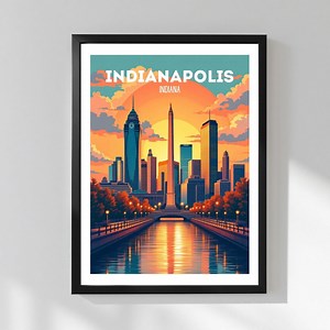Indianapolis Indiana Poster Retro Skyline Sunset Vintage Travel Art Print USA City Illustration - Etsy Australia