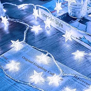 Minetom Star String Lights Battery Operated - 17 ft 50 LED Star Fairy String Lights with Timer, Waterproof for Indoor Bedroom Tent Loft Bed Patio Party Wedding Decor, White