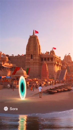 Jay Pirabakaran on Instagram: "🌊 The Time Traveller: Ancient Dwarka ✨ Through a glowing portal on the shores of Gujarat, I stepped into the lost city of Dwarka, the legendary kingdom of Lord Krishna. Golden temples stretched into the horizon, colossal statues towered above the waves, and the sacred sounds of conch shells echoed through its bustling streets. For the first time, I’ve placed myself inside the storyline — stepping into the past, experiencing history as a traveller between wo