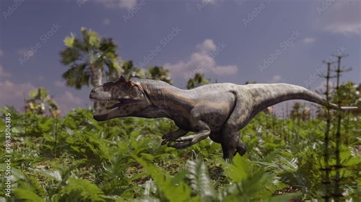 This 12-second 4K animation depicts a mighty Allosaurus stalking prey in a prehistoric environment. This realistic reconstruction recreates the predator's movements in its natural, ancient habitat.