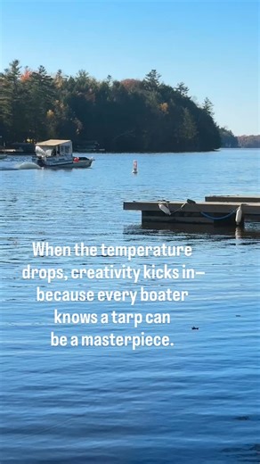 Makeshift boat covers don’t matter as long as they keep you warm and dry in late fall on the lake. #makeshiftboatcovers #latefallboating #muskoka #lakemuskoka #bracebridge #portcarling #muskokariver #lakerosseau #lakejoseph #bala #indianriver #boating | Thelma Jarvis