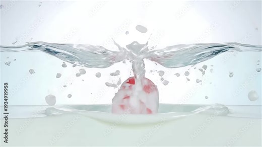 Red Popsicle Partially Submerged in Clear Water with a Melting Drop Falling from the Stick