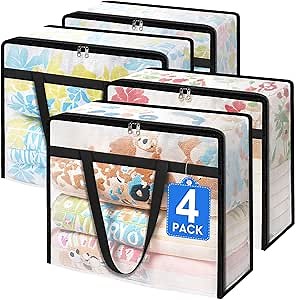 4 Pack Clear Storage Bags for Comforter, Clothes & Bedding, Plastic Blanket Storage with Zipper and Handle, Moving Bags, Closet Organizer and Under-Bed Storage (90L)