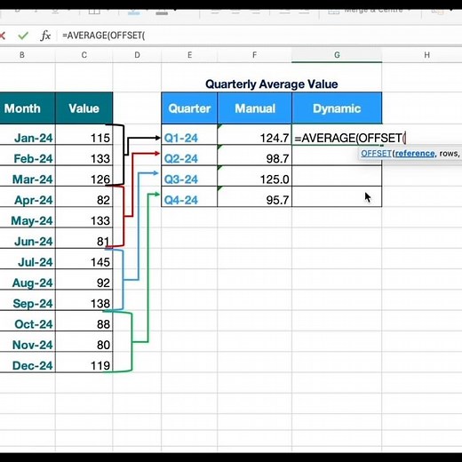 Dynamically Convert Monthly Data to Quarterly Data!#OFFSET #Excel #Educational