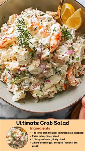 Ultimate Crab Salad What makes this crab salad so irresistible? It’s the perfect creamy-bright balance—cool, crunchy bites of crab, celery, and red onion tossed in a zesty Old Bay lemon dressing you’ll want on everything. Ingredients 1 lb lump crab meat (or imitation crab, chopped) 2 ribs celery, finely diced 1/3 cup red onion, finely diced 2 hard-boiled eggs, chopped (optional but great!) 1 Tbsp fresh dill or parsley, chopped Dressing: 1/2 cup mayonnaise 2 Tbsp sour cream or Greek yogurt 1 Tbsp