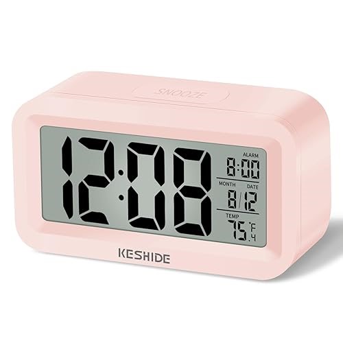 KESHIDE Travel Digital Alarm Clock Battery Operated with Indoor Temperature, Desk Small Clock,Snooze Model,12/24H Display