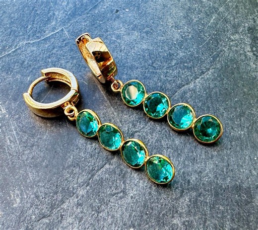 Gold Teal Apatite Dangle Hoop Earrings; Crystal Drop - Etsy