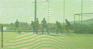 Skating player starting animated hockey layer while group converging scooping ball and scoring goal