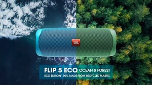 JBL | FLIP 5 ECO | Bold sound for every adventure! The same bold sound. New bold construction - made of 90% recycled plastics. Take the music on a journey, enjoying the power of JBL Flip 5 Eco edition. This lightweight Bluetooth speaker can be taken anywhere. Bad weather? No worries. Thanks to the waterproof construction, you can dance to your music in good and bad weather. Move more. Pair two compatible speakers with JBLPartyBoost technology to get stereo sound, or connect multiple speakers for