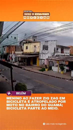 PORTAL SOU+ICOARACI on Instagram: "Um menino ao fazer zig zag em bicicleta é atropelado na Travessa Castelo Branco, no bairro do Guamá, em Belém. Imagens de uma câmera de segurança registraram o momento em que o motociclista atinge o garoto . O impacto da colisão foi tão forte que a bicicleta do menino se partiu ao meio. Adrian foi socorrido por moradores e levado ao Hospital Metropolitano de Urgência e Emergência, em Ananindeua, onde permanece internado."