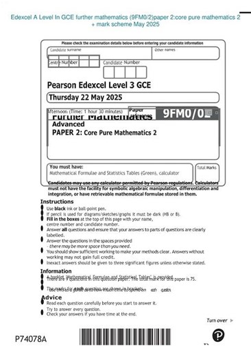EDEXCEL A Level Further Maths Exam Core Pure MathemATIcs 2 9fm0 02 Paper And Mark Scheme 2025