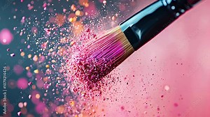 Paintbrush creating colorful powder explosion with hues on black background. Concept of creativity and artistic expression.