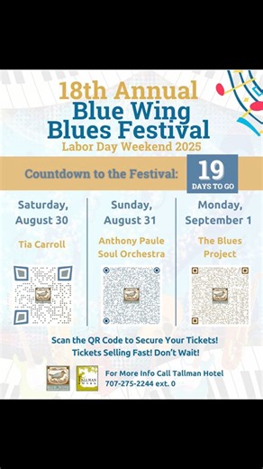 Labor Day Weekend is right around the corner, and so is the 18th Annual Blue Wing Blues Festival at the Tallman Hotel 🎶 Get ready for 3 nights of unforgettable music by award-winning blues performers in the courtyard garden between the Hotel & Blue Wing Restaurant. Saturday, Aug 30 – Tia Carroll; Sunday, Aug 31 – Anthony Paule Soul Orchestra; Monday, Sept 1 – The Blues Project. Scan the QR code for your night of choice and secure your tickets today — they’re selling fast! For more information, 
