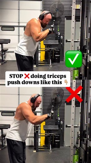 Seth Golie | MENS FAT LOSS COACH on Instagram: "STOP ❌ doing tricep push downs like this! Try this instead 👇🏼 The tricep push down is meant to specifically target the TRICEP However, when doing it the wrong way you are engaging your lats, save that for back day 😉 Get into the correct position, slight bend at the waist, elbows pointed to the floor, then just push down. Control the weight all the way back up on the negative eccentric movement Make sure to keep elbows in the same position the wh