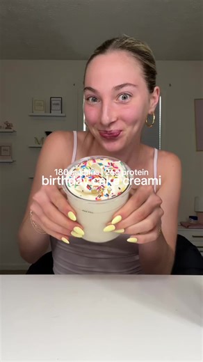 birthday cake creami recipe🩷🍦 180 calories & 26g protein🧁🎉 Ingredients: \t•\t1.5 cups unsweetened almond milk \t•\t1 scoop birthday cake protein powder \t•\t1 tbsp sugar-free pudding mix \t•\t1 tsp sweetener \t•\tvanilla extract \t•\tsalt Pour everything into your Creami jar and shake until everything is combined. Freeze overnight, then run the container under hot water for 30 seconds. Spin on light, take it out and scrape the sides down, then spin again on respin. Top with rainbow sprinkles