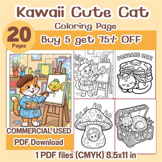 Kawaii Cute Cat Coloring Pages | 20 Adorable Cat Designs | Printable PDF for Kids & Adults | Commercial Use Instant Download - Etsy