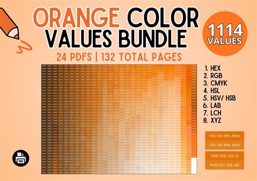 Orange Color Values Bundle: Hex, Rgb, Cmyk, Hsl, Hsv/ Hsb, Lab, Lch, Xyz | Printable Palette Chart, Shade Catalog, Color Swatch Library - Etsy Australia