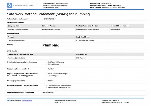 Safe Work Method Statement for Plumbing (Editable plumbing SWMS)