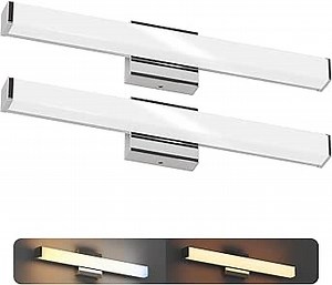 24 Inch Bathroom Vanity Light Fixtures with Night Light: Long Square Wall Mounted LED Lighting Bar Over Mirror with 5CCT & 2200K Color Changing, 120V, 1230-1350lm, ETL, Chrome, 2 Packs