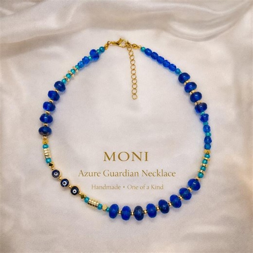 One of a Kind Blue Glass Bead Necklace – Handmade Evil Eye Detail, - Etsy