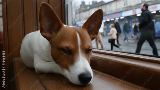 Dog looking out window during a rainy day