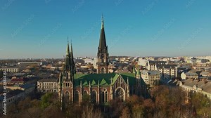 4k Aerial footage from flying drone over historical center of Church of St. Olga and Elizabeth old Catholic Cathedral in town Lviv, Ukraine. landmarks, architecture of ancient european city