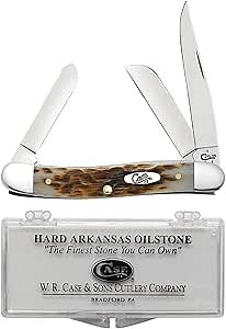 Case XX WR Pocket Knife Medium Stockman, Amber Bone Handle, Carbon Steel Blades, Length Closed: 3 5/8 Inches W/Sharpening Stone