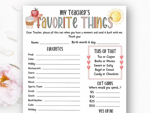 Teacher Favorite Things Questionnaire, Printable Teacher Survey Template, Teacher Appreciation, Get to Know Teacher, All About My Teacher - Etsy