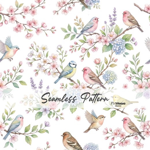 Bird Floral Seamless Pattern, Spring Blossom Cottagecore Fabric Pattern, Vintage Birds and Flowers, Nursery Botanical Digital Paper - Etsy