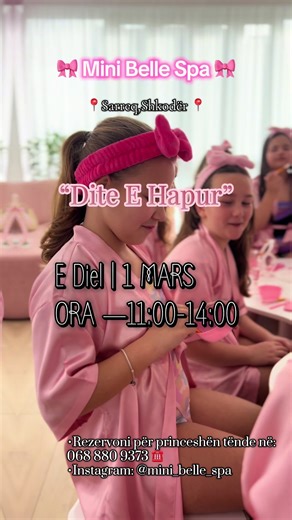 🩷 Ditë e Hapur në Mini Belle Spa 🩷 Kete të diel ju ftojmë të voglat tuaja të përjetojnë një ditë magjike relaksi dhe argëtimi ✨👯‍♀️💅🏼 Shërbimet që ofrojmë: 🎀 Trajtime relaksuese 🎀 🎀 Maske fytyre 🎀 🎀 Manicure 🎀 🎀 Pedicure 🎀 🎀 Make-up 🎀 🎀 Hair 🎀 🎀 Kend GLAM per foto 🎀 🎀 Jacuzzi 🎀 🎀 Pije & Snack 🎀 🎀 Sfilate mode 🎀 🎀 Karaoke 🎀 🎀 Kercim 🎀 🎀 Lojera te ndryshme 🎀 🎀 Photo & Video 🎀 🎀 Veshjet ne Studio 🎀 •Rezervoni tani për princeshën tuaj : 068 880 9373 •Instagram: min