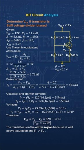 BJT Biasing Solved Fast VCE in Stiff Voltage Divider Bias 12 V input, RC 1.1k and RE 560, Beta 120