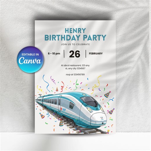 Train Birthday Invitation Template - Editable Canva Digital Download - Etsy