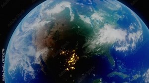 4K HDR Earth animation concept, visualizing the April 8th, 2024 solar eclipse across North America, as seen from high in orbit above planet Earth, with city lights revealed by the shadow. HDR