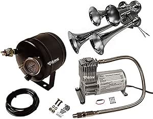 Viking Horns, Loud 149 Decibels 4-Trumpet Chrome Plated Train Air Horn Kit, With 1/2 Gallon Air Tank, and 110PSI Air Compressor