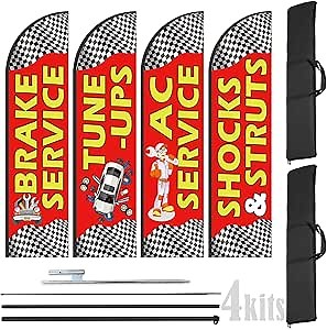 Auto Repair Shop Advertising Flags for Car Truck Repair Businesses - 8 Feet Feather Flags and 12 Feet Flag Pole Kits With Ground Stakes