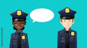 Cartoon animation of police officers with talking bubbles. Easy to edit looping animation.
